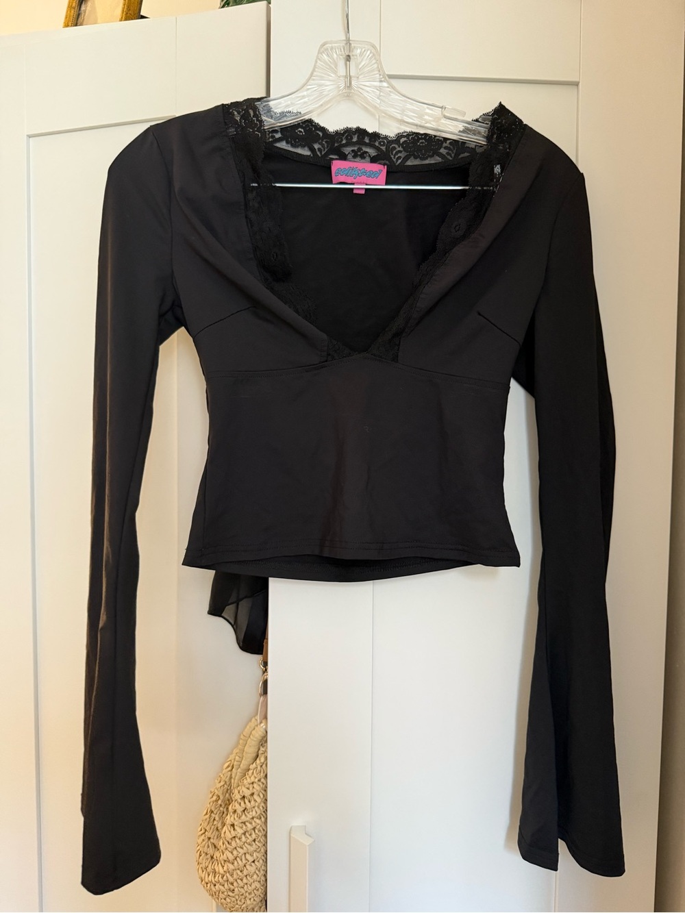 Edikted Black Lace-Trim Long Sleeve V-Neck Top